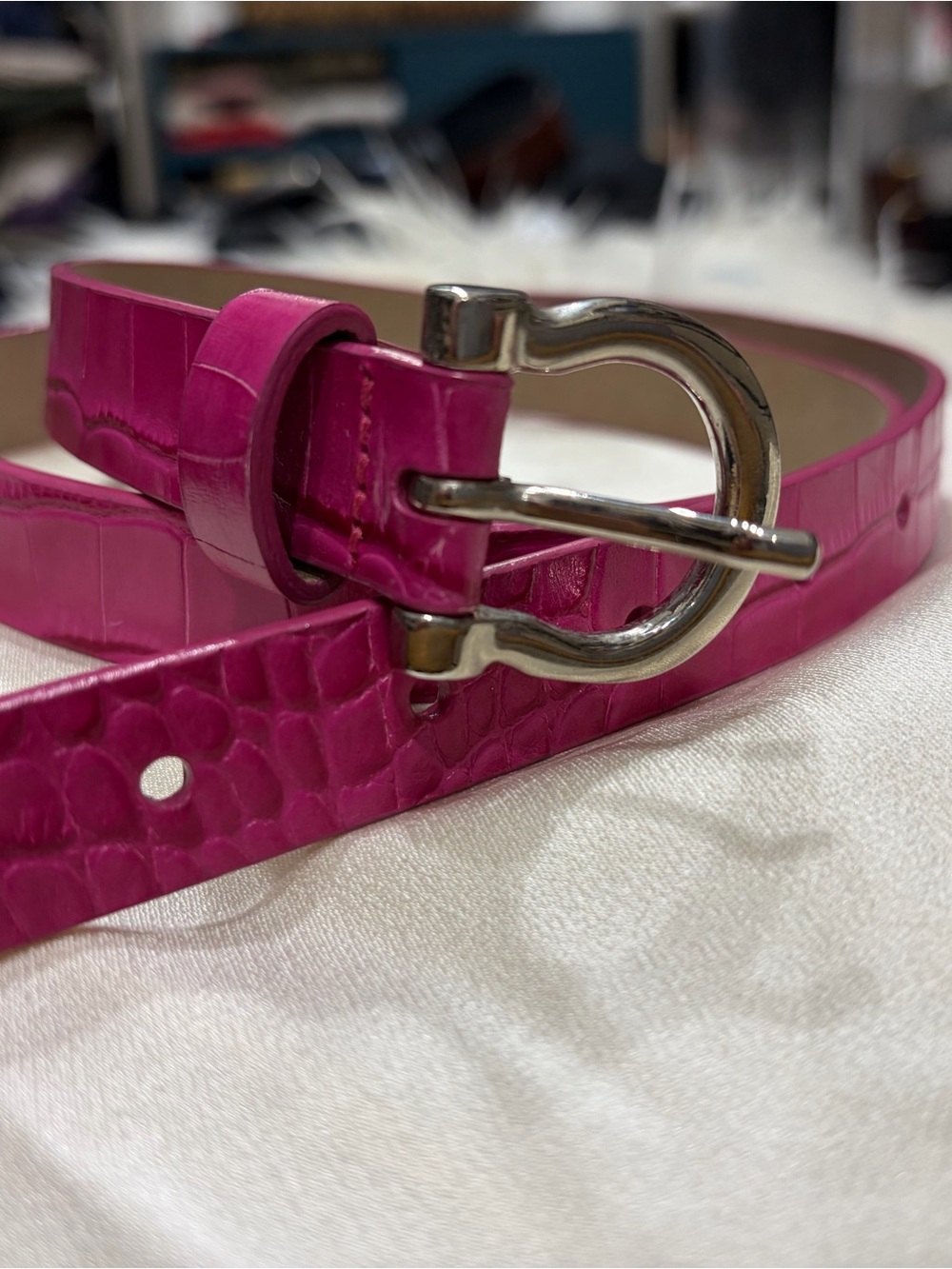 Fuchsia Croc-Embossed Leather Belt with Silver-Tone Rounded Buckle